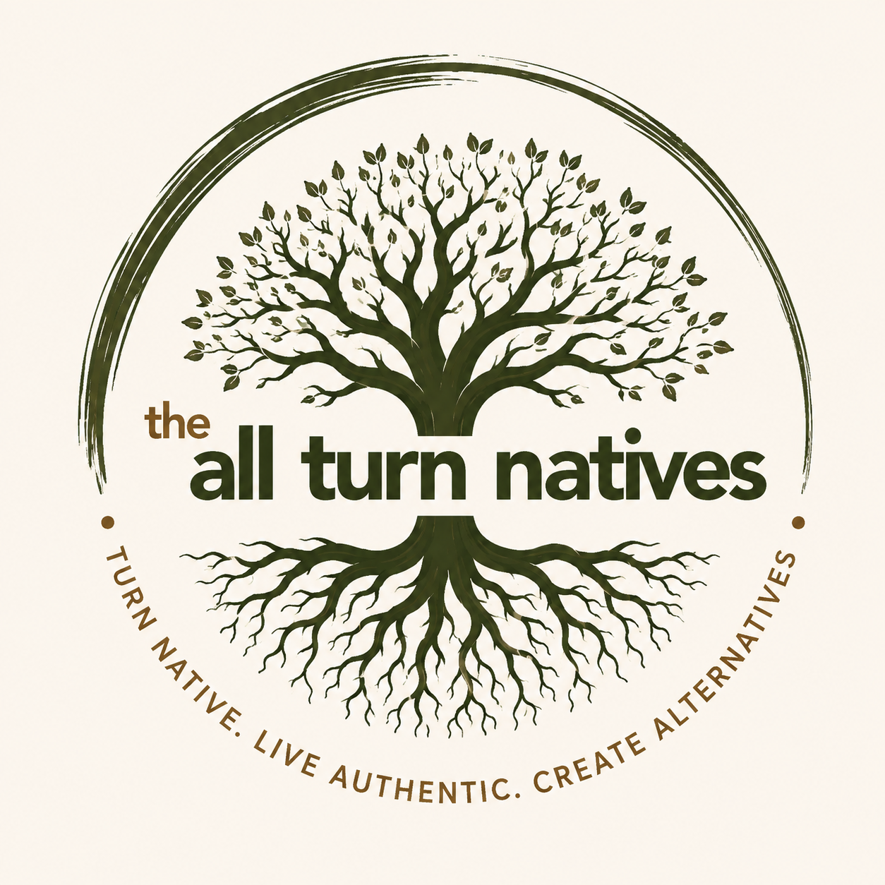 The All Turn Natives tree logo, Turn native. Live authentic. Create alternatives.